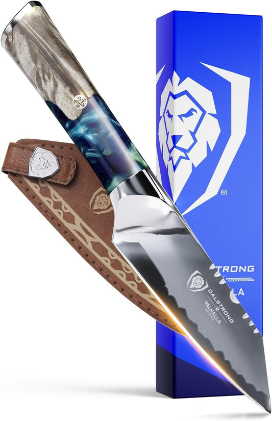 Valhalla 4" Paring Knife — 9CR18MOV HC Steel (8–12° Edge), Unique Wood + Resin Handle — For Peeling, Deveining, Trim Work & Precision Prep — Leather Sheath, Customer Support