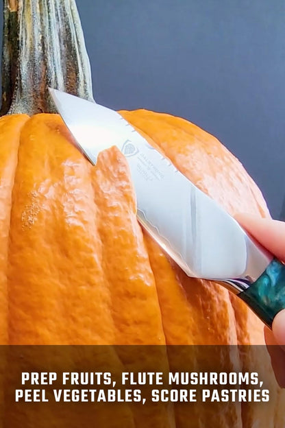 Valhalla 4" Paring Knife — 9CR18MOV HC Steel (8–12° Edge), Unique Wood + Resin Handle — For Peeling, Deveining, Trim Work & Precision Prep — Leather Sheath, Customer Support