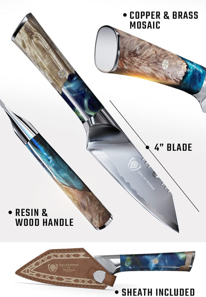 Valhalla 4" Paring Knife — 9CR18MOV HC Steel (8–12° Edge), Unique Wood + Resin Handle — For Peeling, Deveining, Trim Work & Precision Prep — Leather Sheath, Customer Support