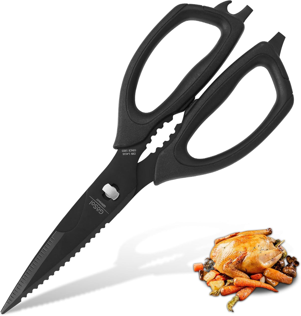 Kitchen Shears Come Apart Kitchen Scissors for Food Heavy Duty Chicken Bone Fish Nutcracker Can Opener Shears with Serrated Blade Premium Black Titanium Plated Stainless Steel 02A