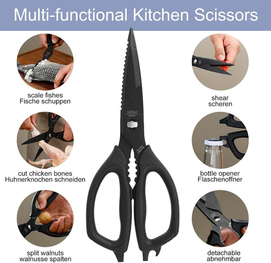 Kitchen Shears Come Apart Kitchen Scissors for Food Heavy Duty Chicken Bone Fish Nutcracker Can Opener Shears with Serrated Blade Premium Black Titanium Plated Stainless Steel 02A