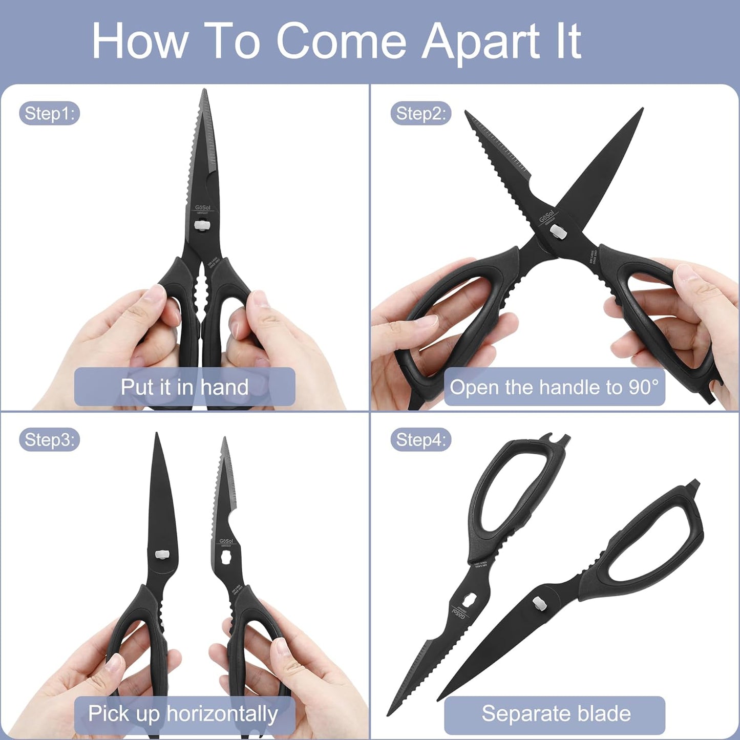 Kitchen Shears Come Apart Kitchen Scissors for Food Heavy Duty Chicken Bone Fish Nutcracker Can Opener Shears with Serrated Blade Premium Black Titanium Plated Stainless Steel 02A