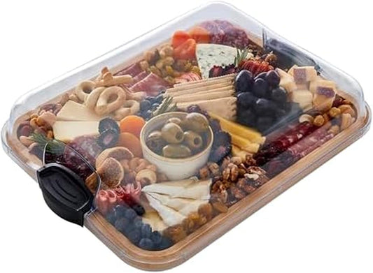 Bamboo Cutting Board with Clear Locking Lid, 11x14 Inch Charcuterie Board with Handles - Reversible Serving Board for Cheese, Meats, Snacks and More