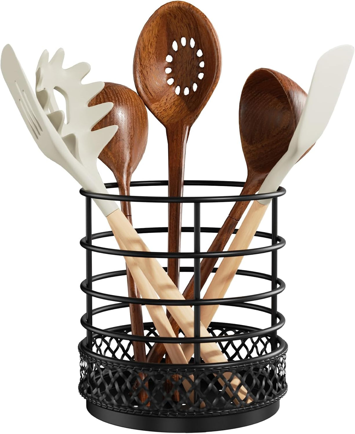 Metal Kitchen Utensil Holder for Kitchen Counter-5.43 x 5.98 inch, Black Utensil Crock for Spatula, Spoon, Fork & Knife, Rustproof Organizer