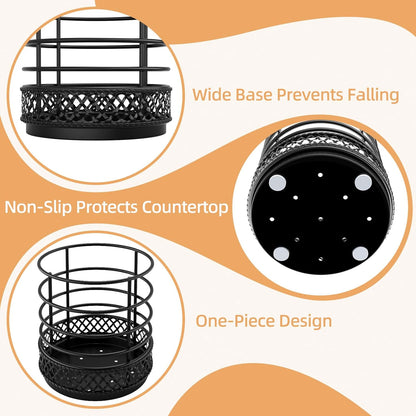 Metal Kitchen Utensil Holder for Kitchen Counter-5.43 x 5.98 inch, Black Utensil Crock for Spatula, Spoon, Fork & Knife, Rustproof Organizer