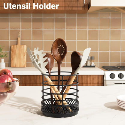 Metal Kitchen Utensil Holder for Kitchen Counter-5.43 x 5.98 inch, Black Utensil Crock for Spatula, Spoon, Fork & Knife, Rustproof Organizer