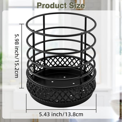 Metal Kitchen Utensil Holder for Kitchen Counter-5.43 x 5.98 inch, Black Utensil Crock for Spatula, Spoon, Fork & Knife, Rustproof Organizer