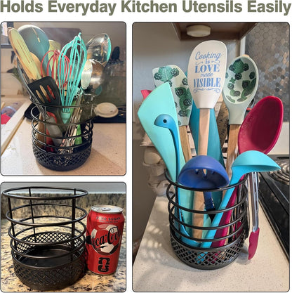 Metal Kitchen Utensil Holder for Kitchen Counter-5.43 x 5.98 inch, Black Utensil Crock for Spatula, Spoon, Fork & Knife, Rustproof Organizer