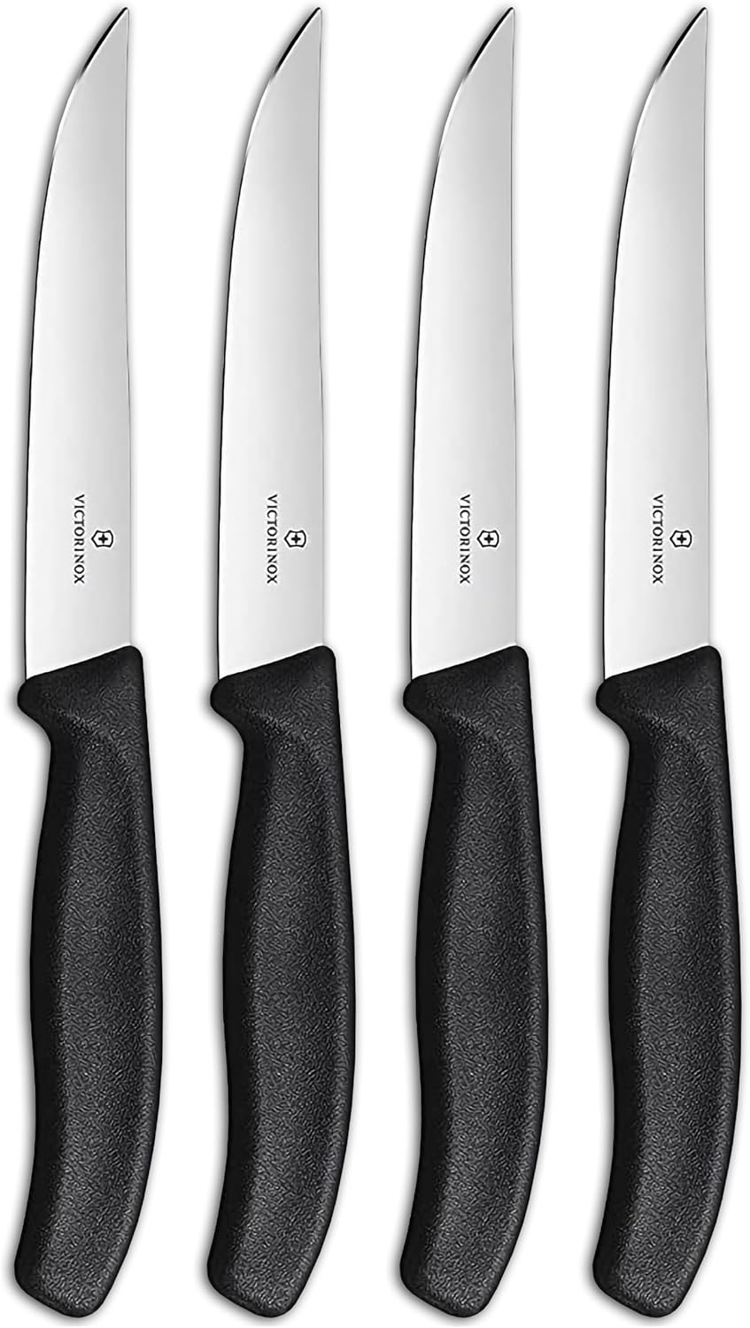 Swiss Classic Steak Knives - Kitchen Utensils - Ergonomic, Stainless Steel Meat Knives - Black Handles, 4-Piece Set