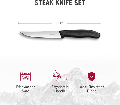 Swiss Classic Steak Knives - Kitchen Utensils - Ergonomic, Stainless Steel Meat Knives - Black Handles, 4-Piece Set