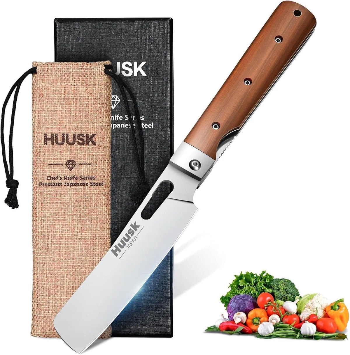 Huusk Japanese Folding Nakiri Knife - Pocket Chef Knives for BBQ | 440C Stainless Steel, Ultra Sharp Blade, Wooden Handle, Gift Box, for Trip Outdoor