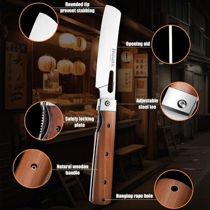 Huusk Japanese Folding Nakiri Knife - Pocket Chef Knives for BBQ | 440C Stainless Steel, Ultra Sharp Blade, Wooden Handle, Gift Box, for Trip Outdoor