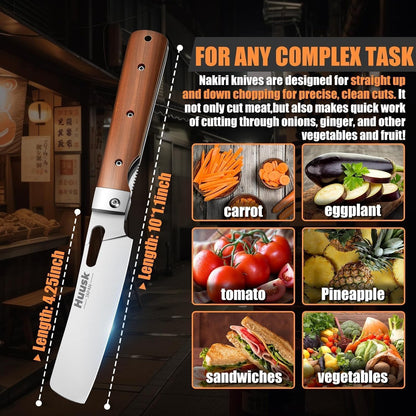 Huusk Japanese Folding Nakiri Knife - Pocket Chef Knives for BBQ | 440C Stainless Steel, Ultra Sharp Blade, Wooden Handle, Gift Box, for Trip Outdoor