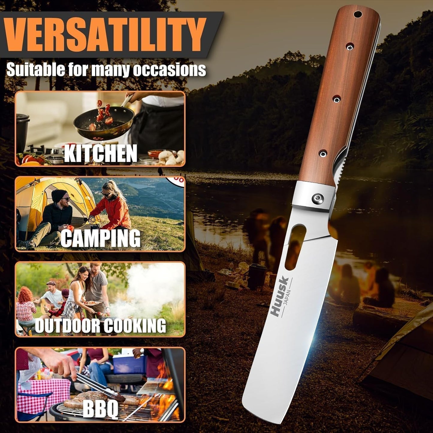 Huusk Japanese Folding Nakiri Knife - Pocket Chef Knives for BBQ | 440C Stainless Steel, Ultra Sharp Blade, Wooden Handle, Gift Box, for Trip Outdoor
