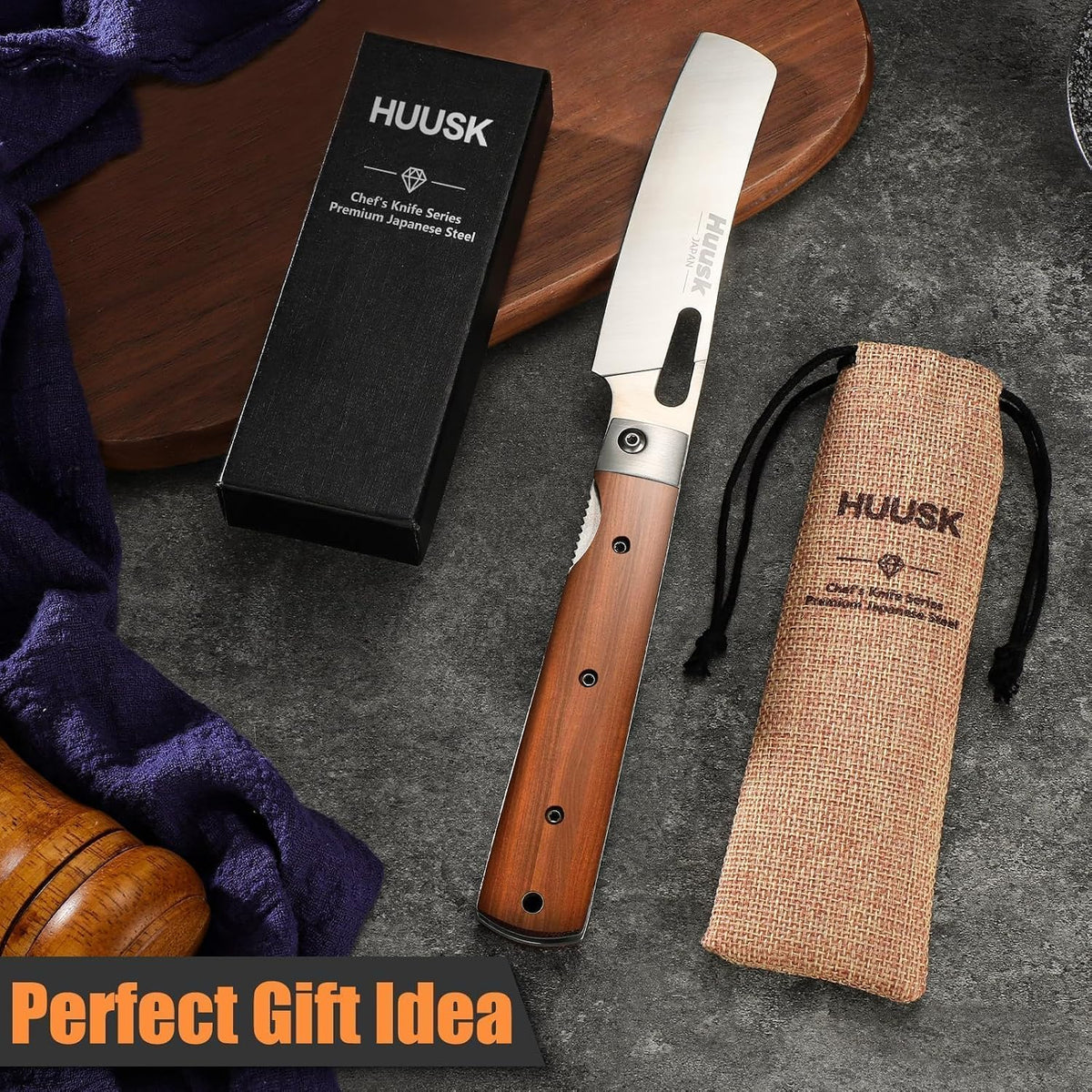 Huusk Japanese Folding Nakiri Knife - Pocket Chef Knives for BBQ | 440C Stainless Steel, Ultra Sharp Blade, Wooden Handle, Gift Box, for Trip Outdoor