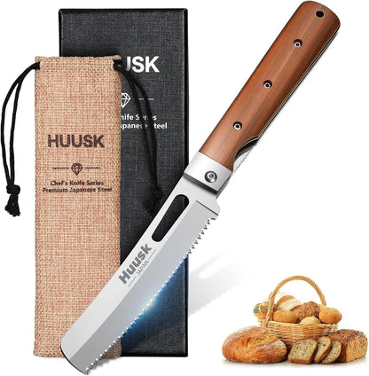 Huusk Japanese Folding Nakiri Knife - Pocket Chef Knives for BBQ | 440C Stainless Steel, Ultra Sharp Blade, Wooden Handle, Gift Box, for Trip Outdoor