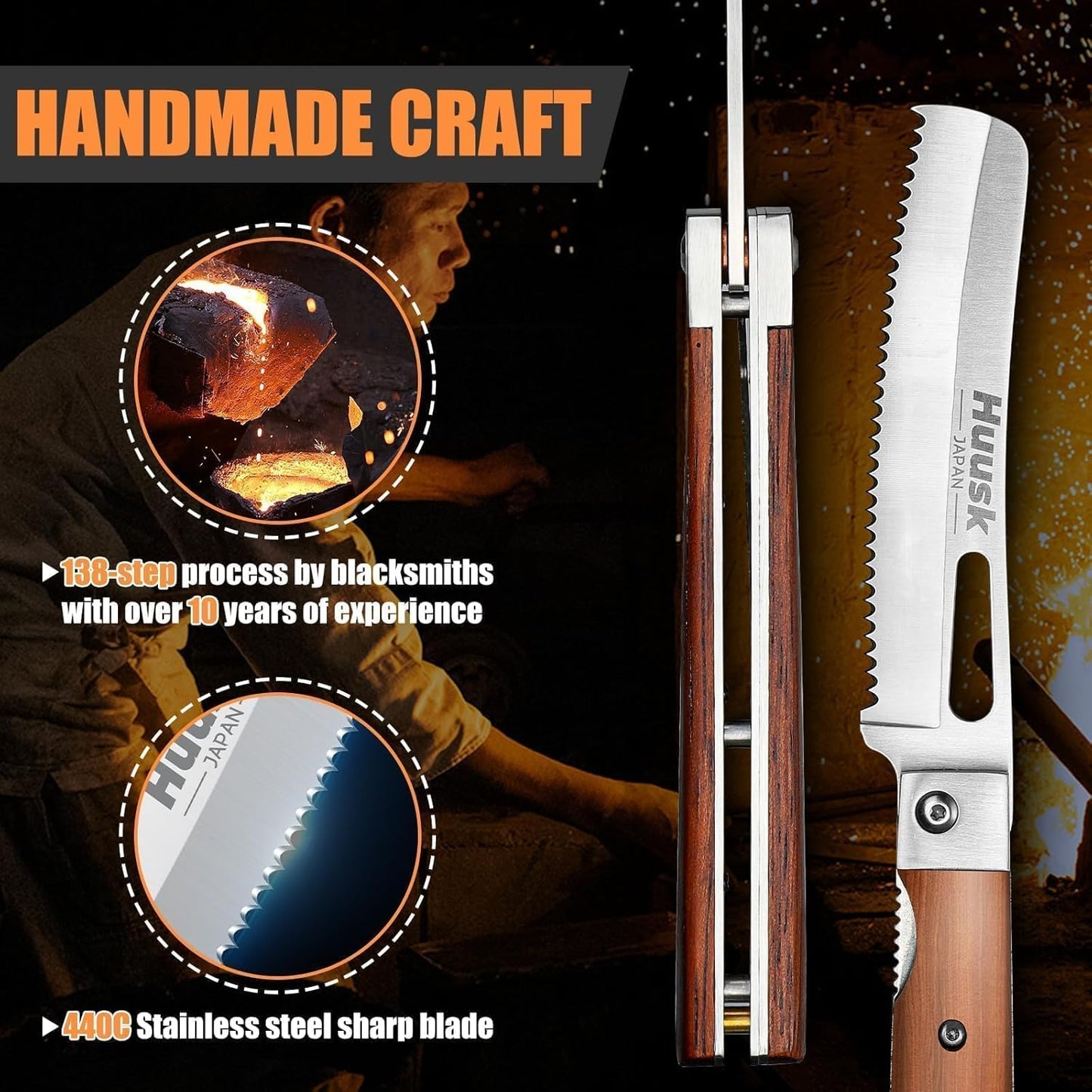 Huusk Japanese Folding Nakiri Knife - Pocket Chef Knives for BBQ | 440C Stainless Steel, Ultra Sharp Blade, Wooden Handle, Gift Box, for Trip Outdoor
