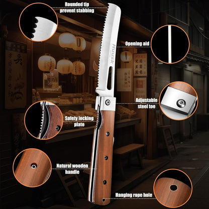 Huusk Japanese Folding Nakiri Knife - Pocket Chef Knives for BBQ | 440C Stainless Steel, Ultra Sharp Blade, Wooden Handle, Gift Box, for Trip Outdoor