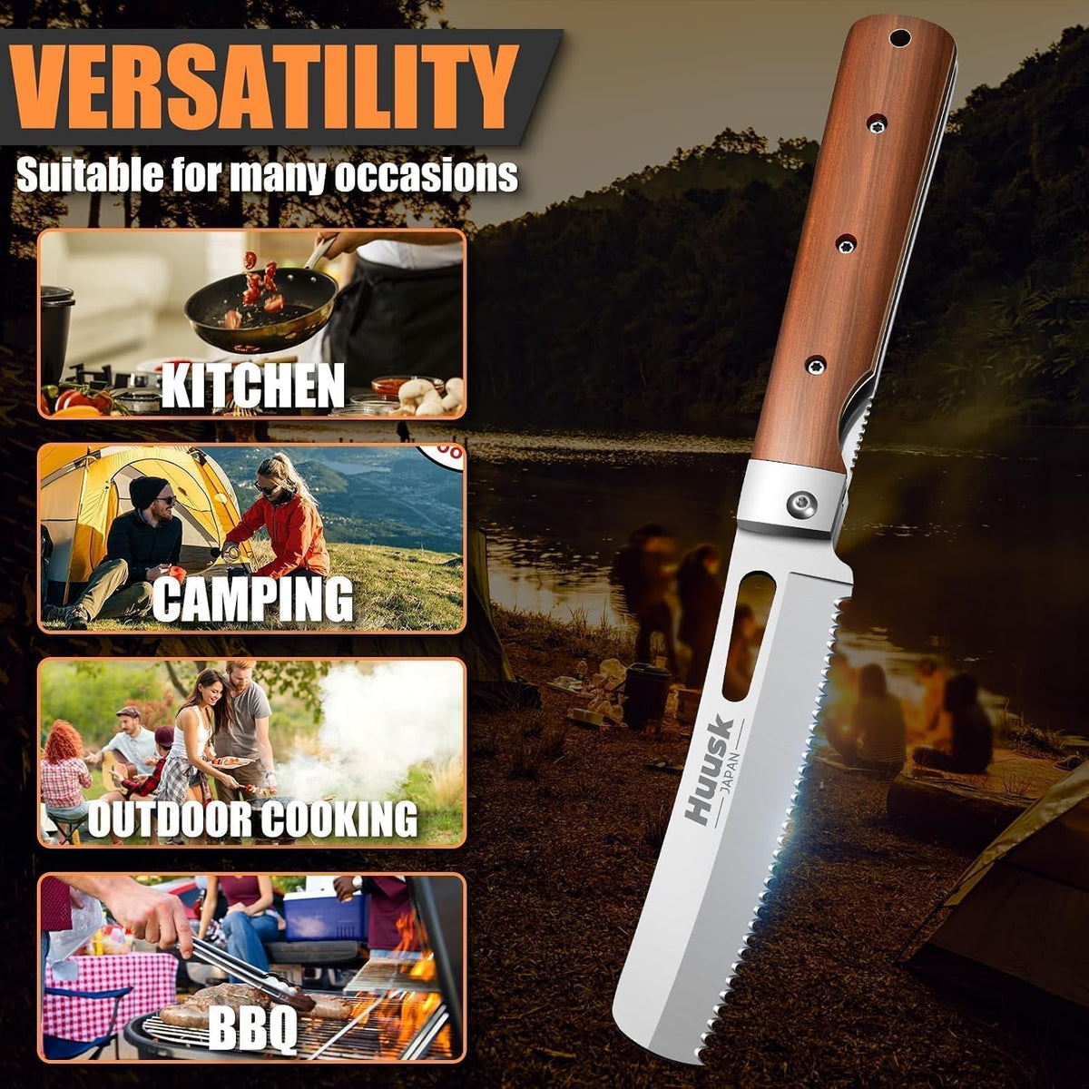 Huusk Japanese Folding Nakiri Knife - Pocket Chef Knives for BBQ | 440C Stainless Steel, Ultra Sharp Blade, Wooden Handle, Gift Box, for Trip Outdoor