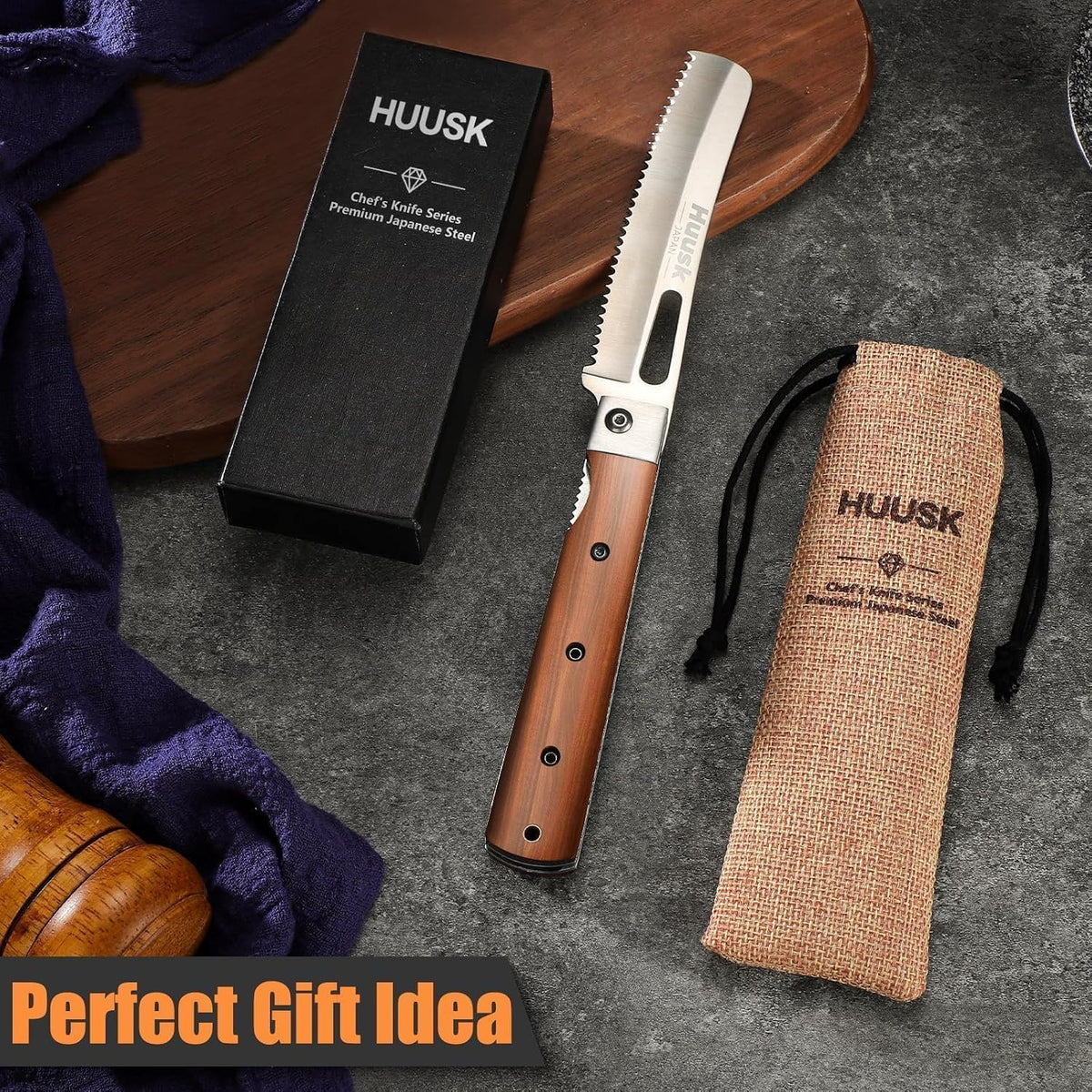 Huusk Japanese Folding Nakiri Knife - Pocket Chef Knives for BBQ | 440C Stainless Steel, Ultra Sharp Blade, Wooden Handle, Gift Box, for Trip Outdoor