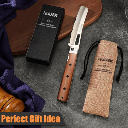 Huusk Japanese Folding Nakiri Knife - Pocket Chef Knives for BBQ | 440C Stainless Steel, Ultra Sharp Blade, Wooden Handle, Gift Box, for Trip Outdoor