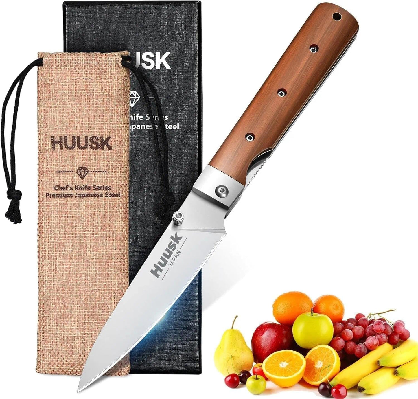 Huusk Japanese Folding Nakiri Knife - Pocket Chef Knives for BBQ | 440C Stainless Steel, Ultra Sharp Blade, Wooden Handle, Gift Box, for Trip Outdoor