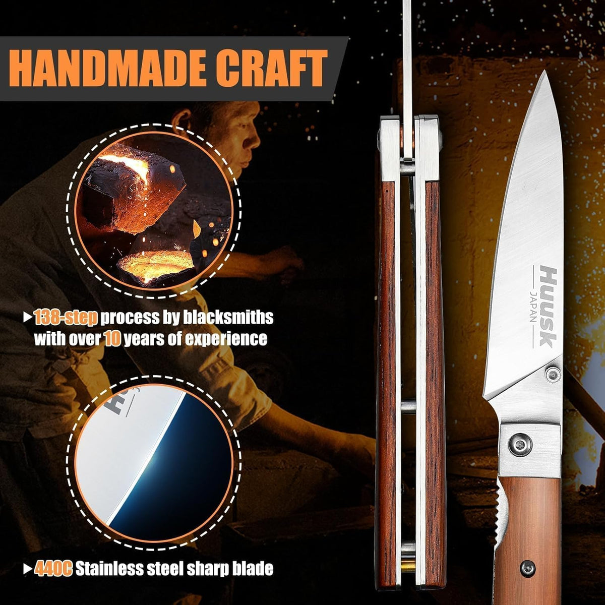 Huusk Japanese Folding Nakiri Knife - Pocket Chef Knives for BBQ | 440C Stainless Steel, Ultra Sharp Blade, Wooden Handle, Gift Box, for Trip Outdoor