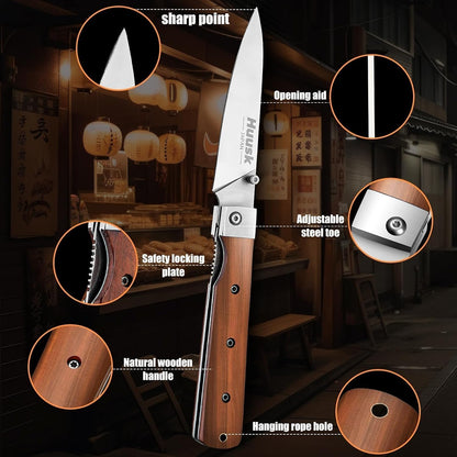 Huusk Japanese Folding Nakiri Knife - Pocket Chef Knives for BBQ | 440C Stainless Steel, Ultra Sharp Blade, Wooden Handle, Gift Box, for Trip Outdoor