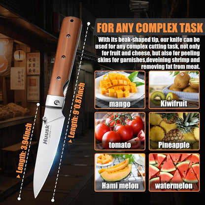 Huusk Japanese Folding Nakiri Knife - Pocket Chef Knives for BBQ | 440C Stainless Steel, Ultra Sharp Blade, Wooden Handle, Gift Box, for Trip Outdoor