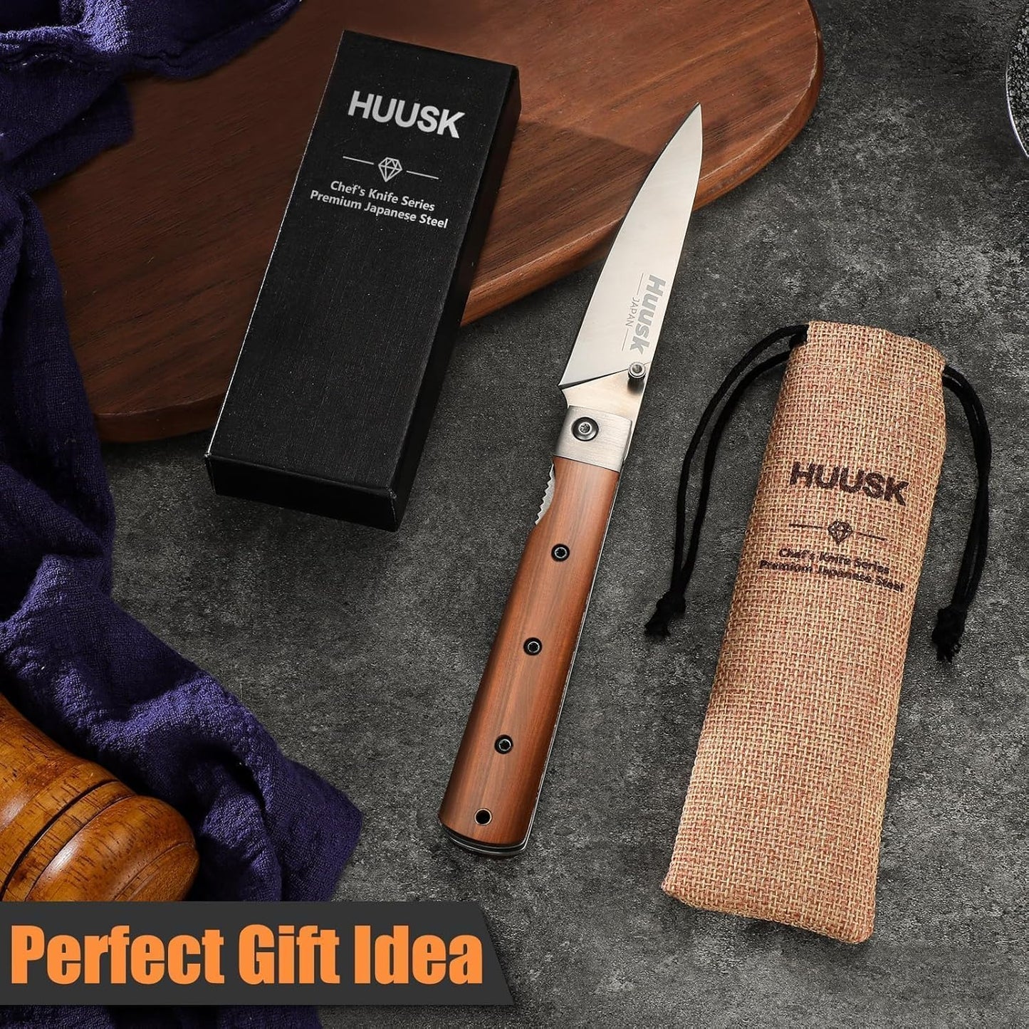 Huusk Japanese Folding Nakiri Knife - Pocket Chef Knives for BBQ | 440C Stainless Steel, Ultra Sharp Blade, Wooden Handle, Gift Box, for Trip Outdoor