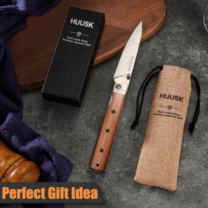 Huusk Japanese Folding Nakiri Knife - Pocket Chef Knives for BBQ | 440C Stainless Steel, Ultra Sharp Blade, Wooden Handle, Gift Box, for Trip Outdoor