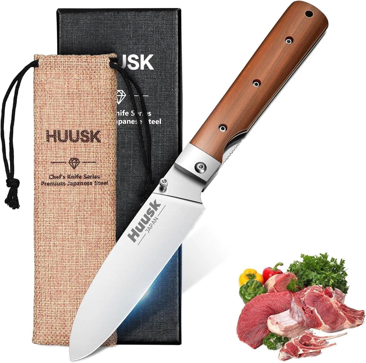 Huusk Japanese Folding Nakiri Knife - Pocket Chef Knives for BBQ | 440C Stainless Steel, Ultra Sharp Blade, Wooden Handle, Gift Box, for Trip Outdoor