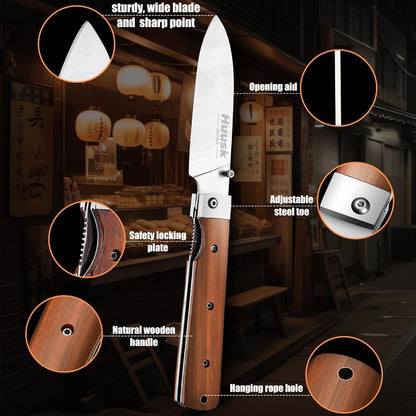 Huusk Japanese Folding Nakiri Knife - Pocket Chef Knives for BBQ | 440C Stainless Steel, Ultra Sharp Blade, Wooden Handle, Gift Box, for Trip Outdoor