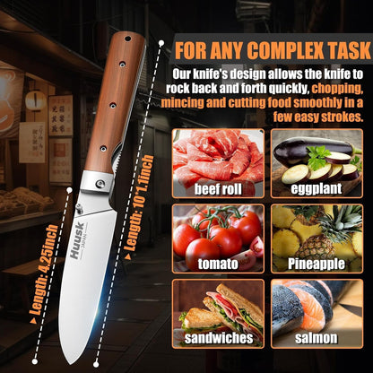 Huusk Japanese Folding Nakiri Knife - Pocket Chef Knives for BBQ | 440C Stainless Steel, Ultra Sharp Blade, Wooden Handle, Gift Box, for Trip Outdoor