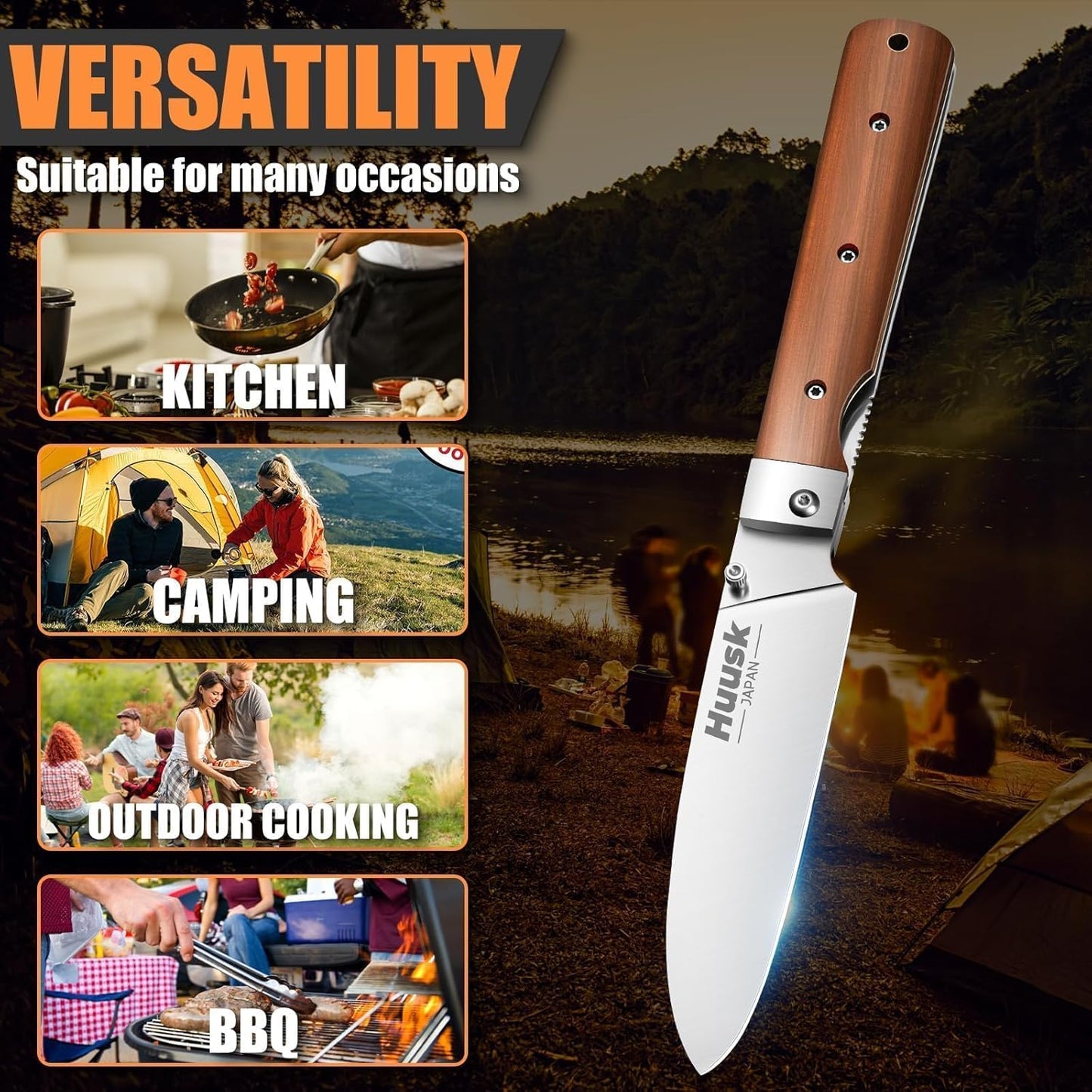 Huusk Japanese Folding Nakiri Knife - Pocket Chef Knives for BBQ | 440C Stainless Steel, Ultra Sharp Blade, Wooden Handle, Gift Box, for Trip Outdoor