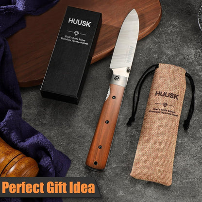 Huusk Japanese Folding Nakiri Knife - Pocket Chef Knives for BBQ | 440C Stainless Steel, Ultra Sharp Blade, Wooden Handle, Gift Box, for Trip Outdoor