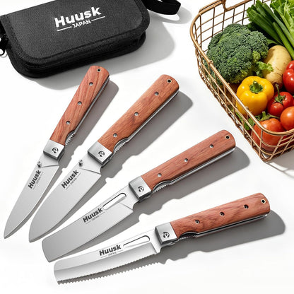 Huusk Japanese Folding Nakiri Knife - Pocket Chef Knives for BBQ | 440C Stainless Steel, Ultra Sharp Blade, Wooden Handle, Gift Box, for Trip Outdoor