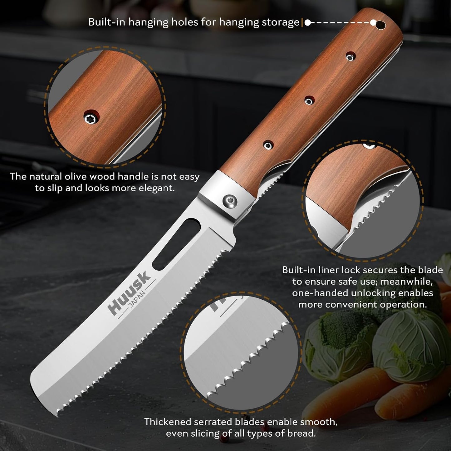 Huusk Japanese Folding Nakiri Knife - Pocket Chef Knives for BBQ | 440C Stainless Steel, Ultra Sharp Blade, Wooden Handle, Gift Box, for Trip Outdoor