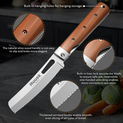 Huusk Japanese Folding Nakiri Knife - Pocket Chef Knives for BBQ | 440C Stainless Steel, Ultra Sharp Blade, Wooden Handle, Gift Box, for Trip Outdoor