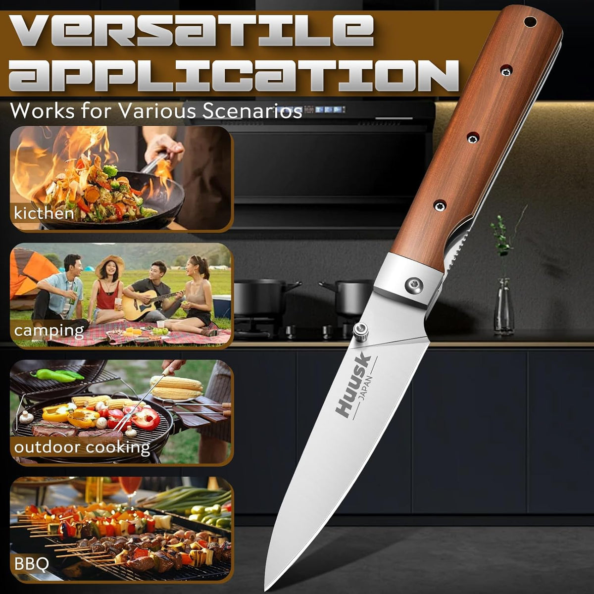 Huusk Japanese Folding Nakiri Knife - Pocket Chef Knives for BBQ | 440C Stainless Steel, Ultra Sharp Blade, Wooden Handle, Gift Box, for Trip Outdoor