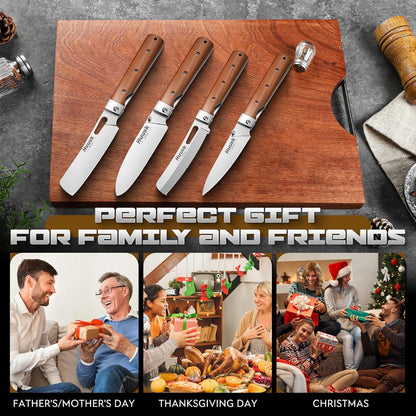 Huusk Japanese Folding Nakiri Knife - Pocket Chef Knives for BBQ | 440C Stainless Steel, Ultra Sharp Blade, Wooden Handle, Gift Box, for Trip Outdoor