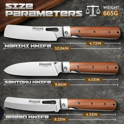 Huusk Japanese Folding Nakiri Knife - Pocket Chef Knives for BBQ | 440C Stainless Steel, Ultra Sharp Blade, Wooden Handle, Gift Box, for Trip Outdoor