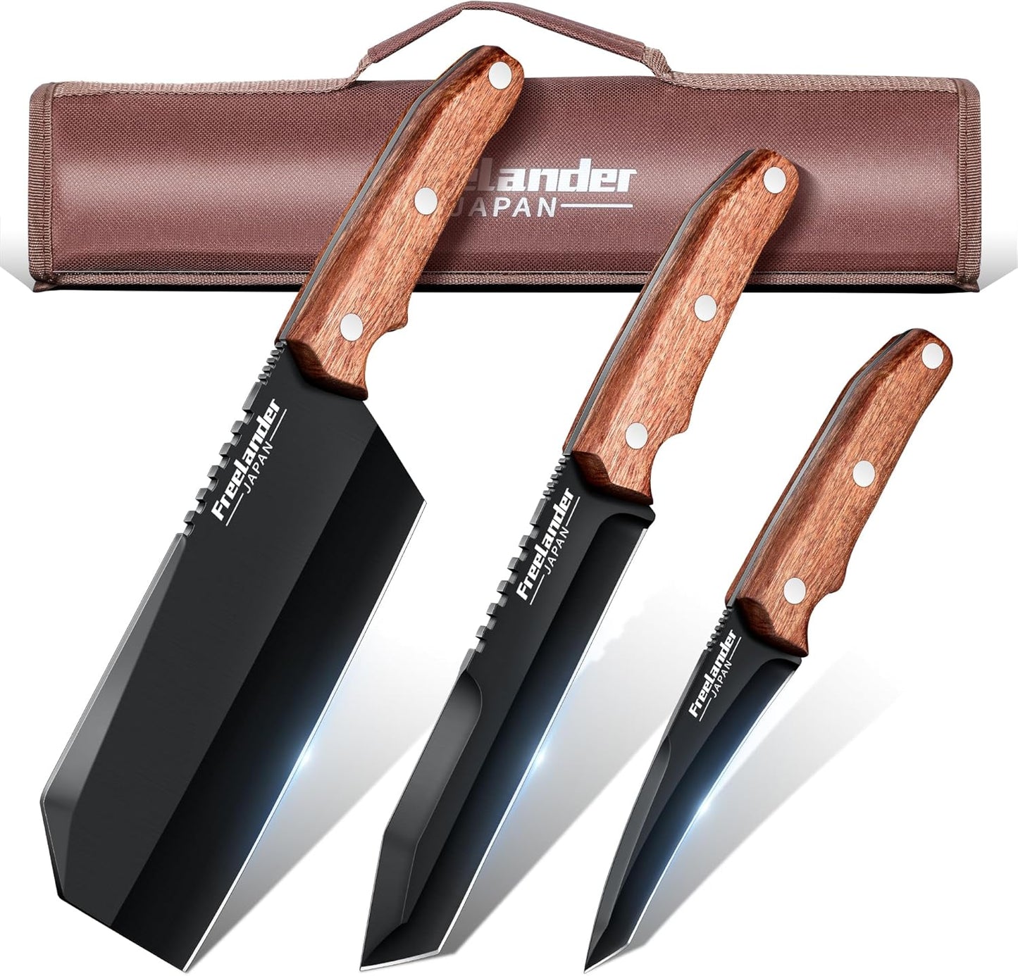 Professional Butcher Knife Set with Roll Bag for Meat Cutting | Full Tang Meat Cleaver with Ergonomic Wood Handle, Prolonged Edge Retention, Robust Blade, Portable Grill Knife Set for Men