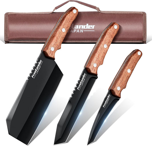Professional Butcher Knife Set with Roll Bag for Meat Cutting | Full Tang Meat Cleaver with Ergonomic Wood Handle, Prolonged Edge Retention, Robust Blade, Portable Grill Knife Set for Men