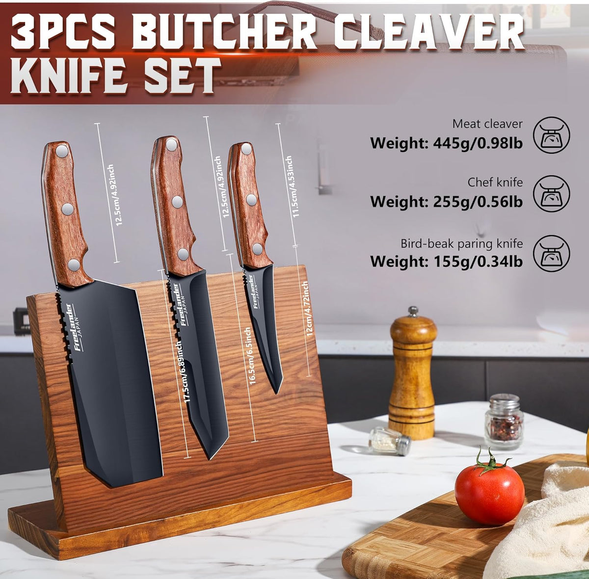 Professional Butcher Knife Set with Roll Bag for Meat Cutting | Full Tang Meat Cleaver with Ergonomic Wood Handle, Prolonged Edge Retention, Robust Blade, Portable Grill Knife Set for Men