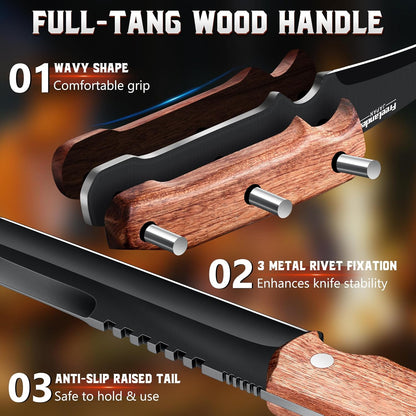 Professional Butcher Knife Set with Roll Bag for Meat Cutting | Full Tang Meat Cleaver with Ergonomic Wood Handle, Prolonged Edge Retention, Robust Blade, Portable Grill Knife Set for Men