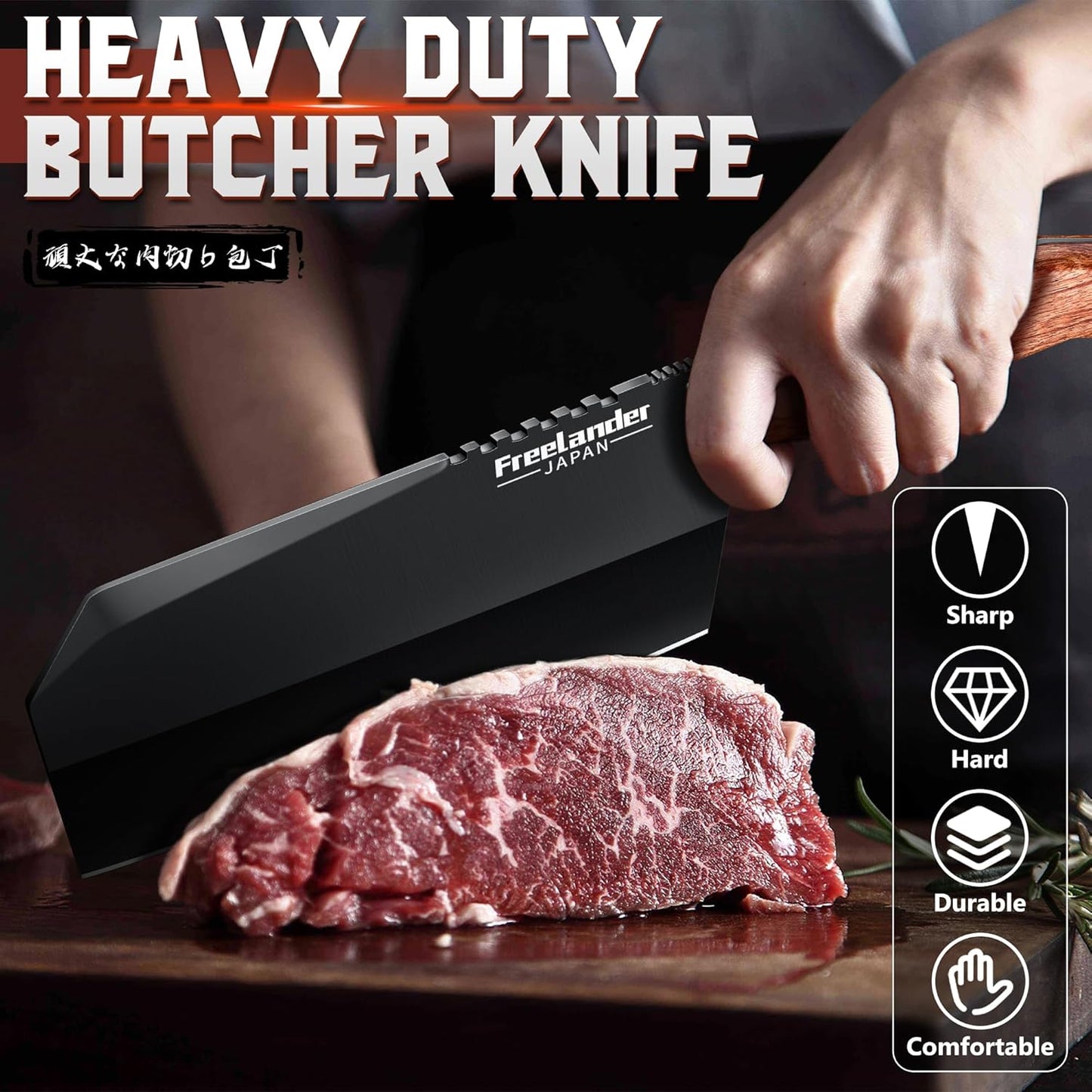 Professional Butcher Knife Set with Roll Bag for Meat Cutting | Full Tang Meat Cleaver with Ergonomic Wood Handle, Prolonged Edge Retention, Robust Blade, Portable Grill Knife Set for Men
