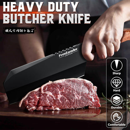 Professional Butcher Knife Set with Roll Bag for Meat Cutting | Full Tang Meat Cleaver with Ergonomic Wood Handle, Prolonged Edge Retention, Robust Blade, Portable Grill Knife Set for Men