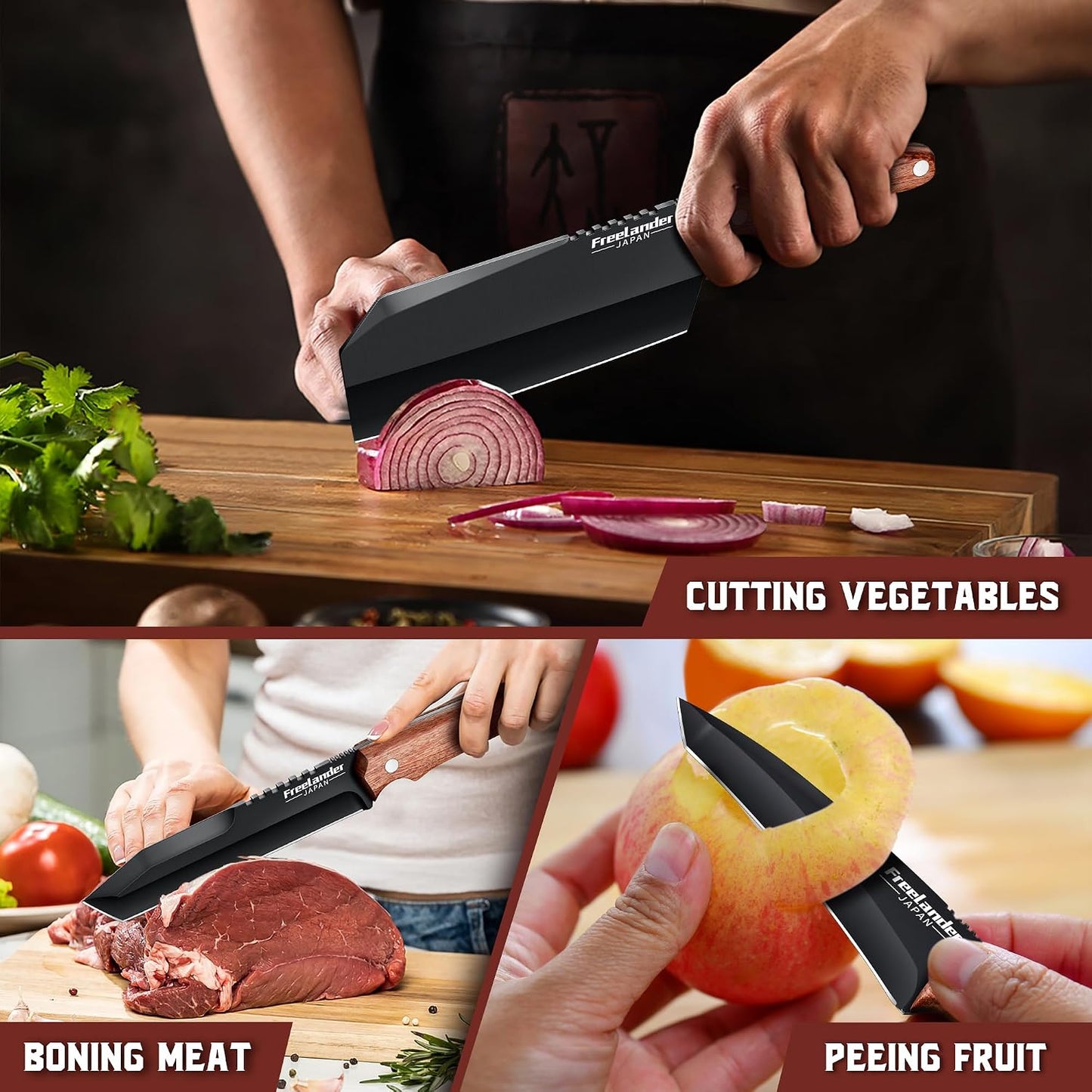 Professional Butcher Knife Set with Roll Bag for Meat Cutting | Full Tang Meat Cleaver with Ergonomic Wood Handle, Prolonged Edge Retention, Robust Blade, Portable Grill Knife Set for Men