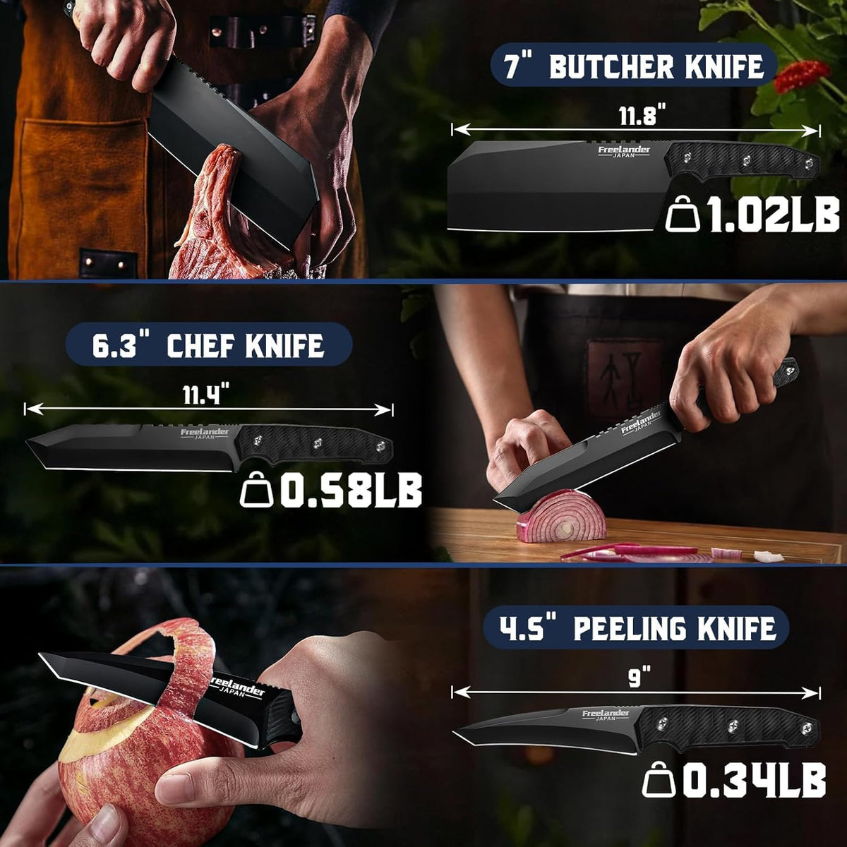 Professional Butcher Knife Set with Roll Bag for Meat Cutting | Full Tang Meat Cleaver with Ergonomic Wood Handle, Prolonged Edge Retention, Robust Blade, Portable Grill Knife Set for Men